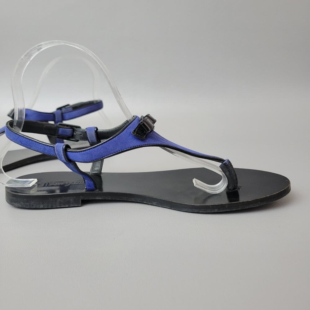 Salvatore Ferragamo Blue Suede Patent Thong Flat Sandals Bow Slingback Size 9 - Picture 3 of 11